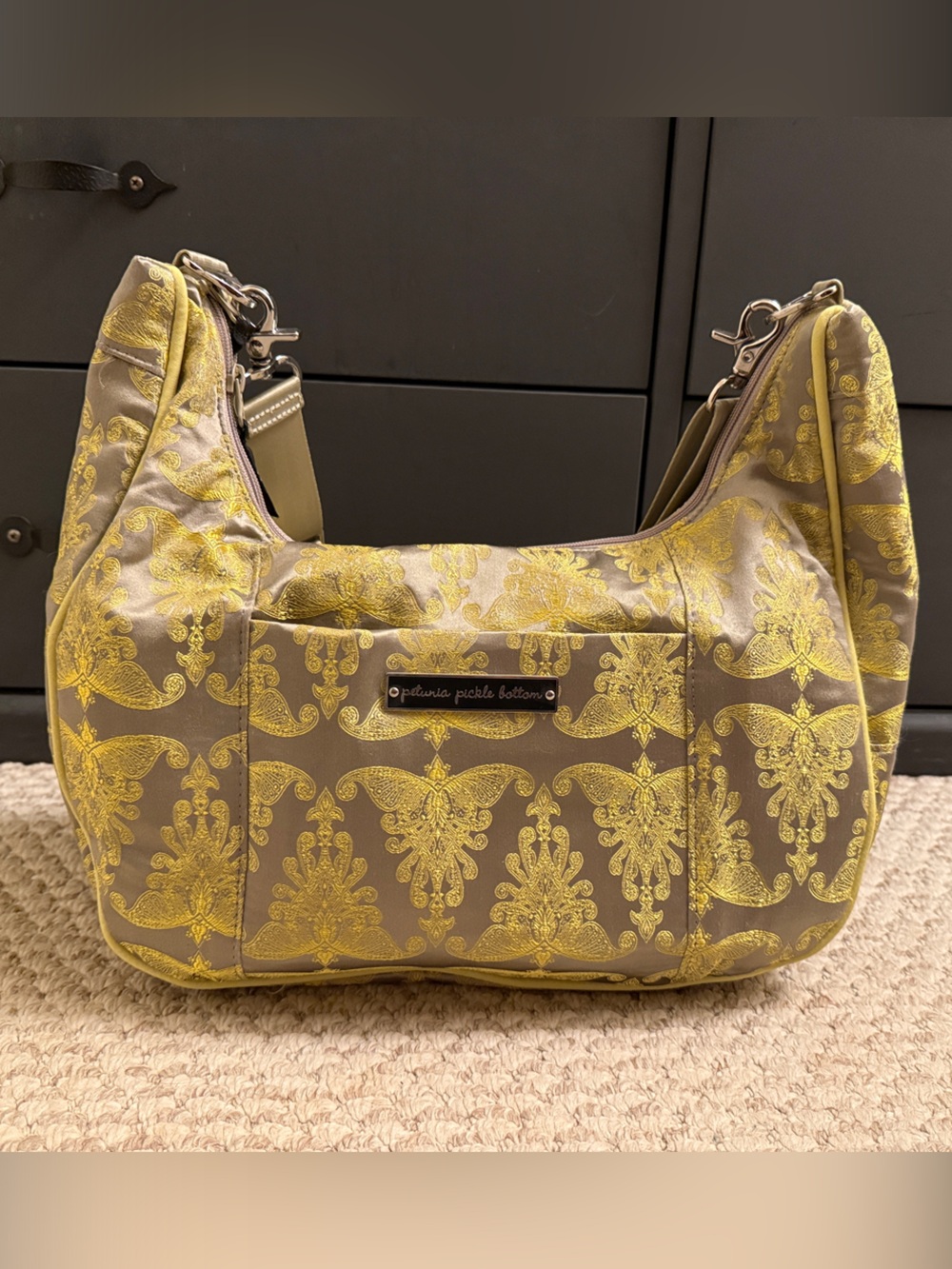 Petunia Pickle Bottom Gray and Yellow Jacquard Hobo Diaper Bag
